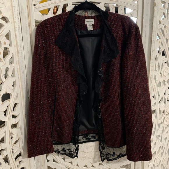 Chico’s Holiday Sparkle Sequin Jacket with Lace trim details - Medium - Picture 2 of 10